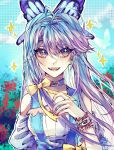  +_+ 1girl absurdres blue_hair blue_sky douluo_dalu dress fangs gradient_eyes highres leaf multicolored_eyes qing_xixixixixizi_w ribbon sky smile star_(symbol) tang_wutong_(douluo_dalu) weibo_id weibo_logo 