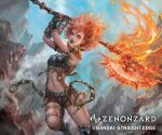 1girl :o armor axe boots bracer breasts brown_shorts chain company_name copyright_name day fighting_stance flaming_weapon holding holding_axe looking_at_viewer midriff navel o-ring official_art open_mouth outdoors rakuen red_eyes red_hair rock short_shorts shorts small_breasts solo thigh_strap wavy_hair zenonzard 