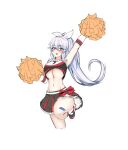  1girl :d absurdres arm_up armpits bare_shoulders black_shirt black_skirt breasts bright_pupils cheerleader closers crop_top cropped_legs floating_hair frilled_skirt frills hair_ribbon highres holding holding_pom_poms laei large_breasts leg_up long_hair looking_at_viewer midriff miniskirt mirae_(closers) navel pleated_skirt pom_pom_(cheerleading) ponytail red_eyes revealing_clothes ribbon shirt shoes simple_background sketch skirt sleeveless sleeveless_shirt smile sneakers socks solo stomach underboob very_long_hair white_background white_hair 