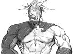  1boy abs angry bangs bara bare_pectorals bare_shoulders biceps fate/grand_order fate_(series) greyscale hair_over_one_eye highres igote l_m00g male_focus monochrome muscular muscular_male nipples pectorals solo stomach tanaka_shinbei_(fate) 