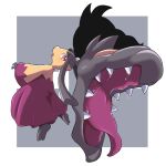  border coco_(coco469ma) commentary_request full_body looking_back mawile mega_mawile mega_pokemon open_mouth orange_eyes pokemon pokemon_(creature) saliva sharp_teeth solo teeth tongue white_border 