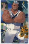  1boy atcesolcyc bara bare_arms bare_shoulders biceps bulge crossed_arms feet_out_of_frame flower hat highres looking_at_viewer male_focus mature_male muscular muscular_male pants pectoral_cleavage pectorals portrait_(object) sailor sailor_collar sailor_hat sailor_shirt shirt sideburns sleeveless sleeveless_shirt solo sunflower thick_thighs thighs veins white_pants 