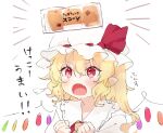  1girl :o =3 bangs blonde_hair blush bow clenched_hands commentary dot_nose excited eyebrows_visible_through_hair eyes_visible_through_hair fang flandre_scarlet food food_wrapper frilled_shirt_collar frills hair_between_eyes hands_up hat hat_bow honotai long_hair looking_at_viewer mob_cap notice_lines one_side_up open_mouth pointy_ears red_bow red_eyes scone simple_background skin_fang solo sparkling_eyes touhou translated upper_body v-shaped_eyebrows wavy_hair white_background white_headwear wing_collar wings 