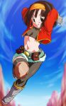  1girl arms_up asymmetrical_legwear belt black_eyes black_hair blue_sky boots crop_top dragon_ball dragon_ball_heroes eyelashes fingerless_gloves flat_chest floating full_body gloves green_shorts grey_gloves grin hairband jacket midriff navel open_clothes open_jacket orange_hairband pan_(dragon_ball) pan_(xeno)_(dragon_ball) red_jacket rom_(20) short_hair short_shorts shorts sky smile solo 