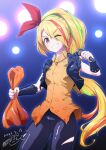  1girl 2021 blonde_hair blush commentary_request dated green_hair hair_ornament hair_ribbon happy highres long_hair looking_at_viewer matatabi_(karukan222) microphone multicolored_hair nikaidou_saki one_eye_closed orange_eyes orange_shirt red_hair ribbon shirt signature smile solo standing streaked_hair two-tone_hair very_long_hair vest vest_over_shirt wrist_cuffs zombie_land_saga 