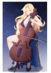  1girl blonde_hair blue_background bow breasts cello cleavage closed_eyes commission dress evening_gown high_heels instrument jewelry large_breasts long_hair music myumi necklace original playing_instrument sitting solo stool 