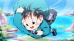  1girl :d black_eyes black_hair blue_sky blurry blurry_background blush_stickers child dragon_ball dragon_ball_super dragon_ball_super_super_hero flying hat kindergarten_uniform lake pan_(dragon_ball) rom_(20) skirt sky smile solo 