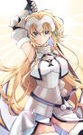  1girl armor armpits ass_visible_through_thighs bare_shoulders blonde_hair blue_eyes breasts chain cowboy_shot eyebrows_visible_through_hair fate/apocrypha fate_(series) gauntlets hair_between_eyes highres jeanne_d&#039;arc_(fate) jeanne_d&#039;arc_(fate/apocrypha) long_hair looking_at_viewer maru_(pixiv51714255) medium_breasts solo sword thighhighs weapon 