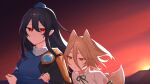  2girls :/ :o animal_ears armor bangs bird_wings blonde_hair breasts commentary_request crossed_arms dark_blue_hair dress evening eyelashes feathered_wings fox_ears fox_girl fox_tail gem hair_between_eyes hat high_collar holding_another&#039;s_arm iizunamaru_megumu kudamaki_tsukasa large_breasts long_hair looking_at_viewer looking_to_the_side multiple_girls nemachi pauldrons pointy_ears puffy_short_sleeves puffy_sleeves red_eyes romper short_hair short_sleeves shoulder_armor sidelocks single_pauldron slit_pupils sunset tail thick_eyebrows tokin_hat touhou unconnected_marketeers upper_body white_dress wings writing yellow_eyes 