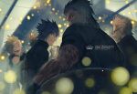  4boys anniversary arm_tattoo black_clothes black_hair blonde_hair brown_hair closed_eyes copyright_name cup final_fantasy final_fantasy_xv fingerless_gloves gladiolus_amicitia glasses gloves ignis_scientia jacket lantern looking_at_viewer looking_back multiple_boys noctis_lucis_caelum open_mouth p-nekor prompto_argentum smile spiked_hair tattoo 