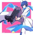  1boy blue_eyes blue_hair blue_nails blue_scarf boots coat commentary floating full_body hands_under_legs hugging_own_legs kaito_(vocaloid) kaito_(vocaloid3) knee_boots knees_up long_sleeves male_focus nail_polish pink_background scarf short_hair smile solo vocaloid white_coat yoshiki 