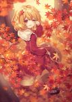  1girl aki_shizuha arm_up autumn_leaves bangs black_footwear blonde_hair bob_cut bobby_socks branch brown_shirt brown_skirt buttons closed_mouth collared_shirt commentary_request curly_hair eyebrows_visible_through_hair eyelashes floral_background floral_print flower full_body hair_ornament highres kyouda_suzuka leaf leaf_hair_ornament leaf_on_head light_smile loafers long_sleeves looking_at_viewer maple_leaf one_eye_closed outdoors petals shirt shoes short_hair skirt skirt_hold skirt_set socks solo swept_bangs touhou tree white_legwear wide_sleeves yellow_eyes 
