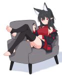  1girl animal_ear_fluff animal_ears ass bare_shoulders black_choker black_hair black_jacket black_legwear black_shorts breasts chair choker closed_mouth collarbone commission crop_top extra_ears feet frown hand_on_own_stomach highres holding jacket jagd leg_up long_hair long_sleeves looking_at_viewer lying medium_breasts midriff off_shoulder on_back open_clothes open_jacket original pointy_ears ponytail reclining red_eyes red_shirt revealing_clothes second-party_source shirt short_shorts shorts sidelocks sleeveless sleeveless_shirt sleeveless_turtleneck solo stirrup_legwear thighhighs thighs toeless_legwear turtleneck wolf_ears 