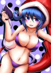  1girl :d absurdres bangs bikini blue_hair breasts cleavage cowboy_shot doremy_sweet eyebrows_visible_through_hair groin hat highres large_breasts looking_at_viewer navel nightcap open_mouth polka_dot polka_dot_background purple_background purple_bikini purple_eyes red_headwear riru_neko short_hair smile solo swimsuit tail tapir_tail touhou 