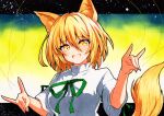  1girl :d animal_ears bangs blonde_hair eyebrows_visible_through_hair fang fingernails fox_ears fox_shadow_puppet fox_tail gradient gradient_background green_ribbon hair_between_eyes kudamaki_tsukasa looking_at_viewer mandarin_collar open_mouth qqqrinkappp ribbon sharp_fingernails short_hair short_sleeves skin_fang smile solo tail touhou traditional_media upper_body yellow_background yellow_eyes 