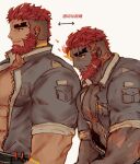  2boys bara beard dark-skinned_male dark_skin eyebrow_cut facial_hair flaming_eye from_side hephaestus_(housamo) large_pectorals lowres male_focus mature_male multiple_boys muscular muscular_male pectoral_cleavage pectorals red_eyes short_hair sleeves_rolled_up talos_(housamo) thick_eyebrows tokyo_afterschool_summoners tora_d translated unzipped upper_body very_dark_skin 