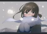 1girl black_hair blush coat fubuki_(kancolle) green_coat green_eyes highres kantai_collection letterboxed long_sleeves ma_rukan mittens scarf short_hair short_ponytail signature solo upper_body white_scarf 