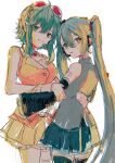  2girls absurdres bangs blue_hair blue_skirt breasts collared_shirt commentary goggles goggles_on_head gomiyama green_hair green_skirt grey_shirt gumi hatsune_miku headset highres hug long_hair looking_at_viewer medium_breasts multiple_girls orange_shirt shirt short_hair sketch skirt sleeveless sleeveless_shirt sleeves_past_wrists smile thigh_strap thighhighs tongue tongue_out twintails vocaloid white_background 
