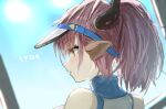  1girl animal_ears arknights bangs bare_shoulders black_headwear blue_sky brown_eyes closed_mouth cow_ears cow_horns day eyebrows_visible_through_hair highres horns official_alternate_costume outdoors ponytail purple_hair raw_egg_lent short_ponytail sideroca_(arknights) sideroca_(light_breeze)_(arknights) sky sleeveless solo sun translated upper_body visor_cap wet 