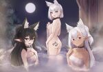  3girls :d animal_ear_fluff animal_ears areolae artist_request ass black_choker black_hair body_writing breasts choker collarbone commission covering cunnilingus_gesture dark_skin earrings extra_ears full_moon hair_between_eyes jewelry looking_at_viewer looking_back medium_breasts moon multiple_girls naked_towel night nude_cover onsen original pointy_ears ponytail purple_eyes red_eyes second-party_source short_hair smile steam tongue tongue_out towel uneven_eyes v wading water wet white_hair wolf_ears 