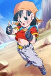  1girl :d bandana belt black_eyes black_hair blurry blurry_background boots chain dragon_ball dragon_ball_gt fingerless_gloves full_body gloves grey_pants midriff navel orange_bandana pan_(dragon_ball) pants red_shirt river rock rom_(20) shirt short_sleeves smile solo standing t-shirt wasteland 