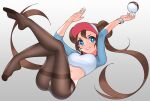  1girl absurdres bangs blue_eyes breasts bright_pupils brown_hair brown_legwear cameltoe commentary double_bun full_body graynacht highres long_hair looking_up navel no_shoes pantyhose poke_ball poke_ball_(basic) pokemon pokemon_(game) pokemon_bw2 rosa_(pokemon) shirt solo twintails visor_cap white_pupils 