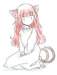  1girl alternate_costume alternate_hairstyle animal_ears blush cat_ears dress extra_ears hair_down kaenbyou_rin long_hair looking_at_viewer lowres multiple_tails nekomata rangycrow red_hair simple_background sitting sketch solo subterranean_animism tail touhou white_background white_dress 
