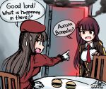  2girls artist_name beret brown_hair brown_jacket burger chair collared_shirt commentary door english_commentary english_text female_commander_(girls&#039;_frontline) food girls&#039;_frontline gloves hat highres jacket long_hair meme multiple_girls necktie open_mouth parody pointing red_eyes red_headwear red_jacket senpaihawkkun shirt signature smoke steamed_hams_(meme) the_simpsons wa2000_(girls&#039;_frontline) white_shirt 