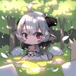  1girl :&lt; ahoge animal bangs barefoot big_head chibi closed_mouth commentary_request day dress eyebrows_visible_through_hair fox grey_dress grey_hair hair_between_eyes highres horns long_sleeves original outdoors pointy_ears red_eyes rock sitting solo tail tree wide_sleeves yuuji_(yukimimi) 