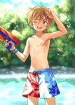  1boy bare_arms bare_pectorals bare_shoulders blonde_hair bubble child cloud cloudy_sky commentary_request ensemble_stars! eyebrows_visible_through_hair highres komorebi looking_at_viewer male_focus male_swimwear mashiro_tomoya navel no_shirt one_eye_closed outdoors pectorals sky solo sunlight swim_briefs swim_trunks teeth topless topless_male water water_gun yellow_eyes 