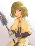  1girl acolyte_(ragnarok_online) bangs blonde_hair brown_shirt capelet closed_mouth eyebrows_visible_through_hair flat_chest gloves green_eyes grey_gloves holding holding_weapon long_sleeves looking_at_viewer mace natsuya_(kuttuki) ragnarok_masters ragnarok_online shirt short_hair simple_background skirt solo upper_body weapon white_background white_capelet white_skirt 