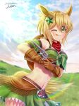  1girl ;q absurdres akatsuki_kirika animal_ears armband belt belt_buckle blonde_hair bra breasts brown_belt brown_gloves buckle cloud cosplay cowboy_hat day detached_sleeves gloves green_armband green_bra green_eyes green_skirt green_sleeves gun hair_ornament handgun hat highres holding holding_gun holding_weapon horse_ears horse_girl horse_tail juan_0121 looking_at_viewer medium_breasts medium_hair midriff miniskirt navel one_eye_closed outdoors senki_zesshou_symphogear short_sleeves signature skirt solo standing star_(symbol) star_hair_ornament stomach taiki_shuttle_(umamusume) taiki_shuttle_(umamusume)_(cosplay) tail tongue tongue_out umamusume underwear weapon 