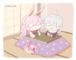  &gt;_&lt; 3girls :3 :d animal_ears bangs closed_mouth fox_ears fox_girl futon hair_ornament higokumaru honkai_(series) honkai_impact_3rd indoors jin2 kallen_kaslana long_hair long_sleeves multiple_girls open_mouth pink_hair pink_scarf scarf smile white_hair white_scarf yae_sakura 