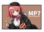  1girl ahoge beret black_border black_coat black_headwear blush border bow bowtie breasts brown_background candy character_name coat collared_shirt commentary copyright_name english_commentary eyebrows_visible_through_hair food girls&#039;_frontline hair_bobbles hair_ornament hat headphones holding holding_candy holding_food holding_lollipop junsuina_fujunbutsu lollipop long_sleeves medium_breasts mp7_(girls&#039;_frontline) off_shoulder one_side_up open_mouth pink_bow pink_bowtie pink_hair shirt short_hair solo upper_body white_shirt yellow_eyes 