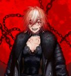  1girl backlighting black_coat black_survival blonde_hair blood blood_in_hair blood_on_clothes blood_on_face chain coat collarbone cropped dgk fangs fur-trimmed_coat fur_trim hair_between_eyes highres jackie_quilt medium_hair moon open_clothes open_coat open_mouth red_eyes red_moon scar scar_on_face scar_on_nose smile solo teeth upper_body zipper zipper_pull_tab 