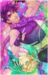  2boys abs absurdres artist_name battle_tendency blonde_hair border caesar_anthonio_zeppeli crop_top facial_mark fingerless_gloves gloves green_eyes headband highres jojo_no_kimyou_na_bouken joseph_joestar joseph_joestar_(young) midriff multiple_boys muscular pointing purple_eyes purple_hair rotational_symmetry scarf smile sparkle star_(symbol) starry_background striped striped_scarf tank_top white_border winged_hair_ornament zombiedaisuke 