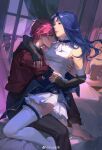  3girls absurdres arcane:_league_of_legends ascot barefoot bed blue_hair brea0411 caitlyn_(league_of_legends) eye_contact frilled_skirt frills highres hood hood_down hug jacket jinx_(league_of_legends) league_of_legends looking_at_another multiple_girls peeping pink_hair red_jacket skirt thighhighs vi_(league_of_legends) weibo_username white_legwear window yuri 