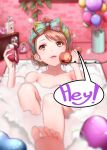  1girl alarm_clock bath bathing bathtub brown_hair bubble bubble_bath clock eyebrows_visible_through_hair flower highres hojo_karen idolmaster idolmaster_cinderella_girls leaf maou_(demonlord) phone radio radio_antenna rose solo towel towel_on_head yellow_eyes 