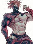  1boy abs bangs bara bare_pectorals brown_hair fate/grand_order fate_(series) fuji_den_fujiko hair_over_one_eye hakama highres hip_vent igote japanese_clothes looking_at_viewer male_focus mask muscular muscular_male pectorals simple_background solo tanaka_shinbei_(fate) 