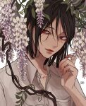  1boy bishounen black_hair bob_cut brown_eyes closed_mouth collared_shirt commentary dress_shirt flower hair_between_eyes hand_up head_tilt highres kagoya1219 leaf looking_at_viewer male_focus medium_hair original plant shirt signature solo upper_body vines white_background white_flower white_shirt wisteria 