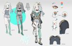  1girl boots bra braid character_name concept_art full_body girls&#039;_frontline green_hair green_pupils grey_hair grey_shirt grey_shorts grin hair_ornament highres hillly_(maiwetea) long_hair looking_at_viewer mag-7_(girls&#039;_frontline) multicolored_hair off_shoulder orange_eyes shirt shorts smile solo spaghetti_strap square_pupils streaked_hair underwear 