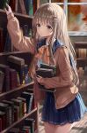  1girl :o aqua_eyes arm_up autumn blue_collar blush book book_hug bow bowtie brown_cardigan brown_hair cardigan collar eyebrows_visible_through_hair hair_ornament hairclip highres holding holding_book indoors library looking_at_viewer looking_to_the_side m1yu object_hug orange_bow orange_bowtie original outstretched_arm pleated_skirt ribbon skirt solo thighs uniform x_hair_ornament 