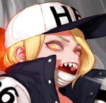  1girl blonde_hair cropped dgk eyelashes face glowing glowing_eyes hat long_eyelashes lowres mask mouth_mask open_mouth original red_eyes sharp_teeth smoke solo teeth upper_body upper_teeth white_headwear yellow_eyes 