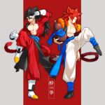  2boys abs black_hair body_fur closed_mouth collarbone dougi dragon_ball dragon_ball_gt dragon_ball_heroes earrings fighting_stance full_body gamubanku gogeta jewelry leg_up long_hair looking_at_viewer male_focus metamoran_vest monkey_boy monkey_tail multiple_boys muscular muscular_male no_nipples pants pectorals potara_earrings red_fur red_hair red_pants saiyan spiked_hair standing standing_on_one_leg super_saiyan super_saiyan_4 tail twitter_username vegetto vegetto_(xeno) watermark white_pants 