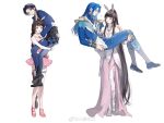 2girls age_comparison animal_ears bare_shoulders carrying carrying_over_shoulder douluo_dalu high_heels highres husband_and_wife long_hair multiple_girls ponytail princess_carry rabbit_ears san_wu_zhuye tang_san white_background xiao_wu_(douluo_dalu) 