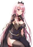  1girl black_cape black_legwear blush breasts cape cleavage closed_mouth eyebrows_visible_through_hair harimoji hololive large_breasts long_hair looking_at_viewer mori_calliope pink_hair red_eyes simple_background smile solo thighhighs virtual_youtuber white_background 