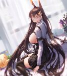  1girl animal_ears azur_lane bangs black_legwear black_skirt blush breasts brown_hair chikuma_(azur_lane) commentary_request crossed_bangs flower from_side hair_ornament highres large_breasts long_hair long_sleeves looking_at_viewer looking_to_the_side manjuu_(azur_lane) orange_eyes rabbit_ears sansan_(dongfangzhong111) sideboob sitting skirt sword thighhighs thighs very_long_hair weapon 