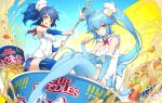  2girls absurdres bangs blue_hair blush chef_hat chinese_commentary collar cup_ramen eating food fork hat highres long_hair multiple_girls nissin open_mouth original product_placement shanyao_jiang_tororo sitting toque_blanche twintails watermark yellow_eyes 