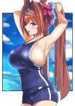  1girl animal_ears armpits bangs blush bow breasts brown_hair commentary_request daiwa_scarlet_(umamusume) eyebrows_visible_through_hair fang hair_between_eyes hair_intakes horse_ears horse_girl large_breasts long_hair looking_at_viewer mitche ocean one-piece_swimsuit open_mouth profile red_eyes school_swimsuit sideboob skin_fang sky solo swimsuit tiara twintails tying_hair umamusume very_long_hair 