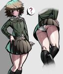  1boy ? alternate_costume arm_at_side ass bangs black_legwear brown_hair brown_skirt closed_mouth commentary danganronpa:_trigger_happy_havoc danganronpa_(series) dress_shirt english_commentary eyebrows_visible_through_hair from_below fujisaki_chihiro green_jacket green_ribbon grey_background grey_shirt hand_on_hip highres jacket kneehighs long_sleeves male_focus miniskirt multiple_views neck_ribbon otoko_no_ko panties ribbon shiny shiny_clothes shirt skirt spoken_question_mark thighs trizzz underwear 